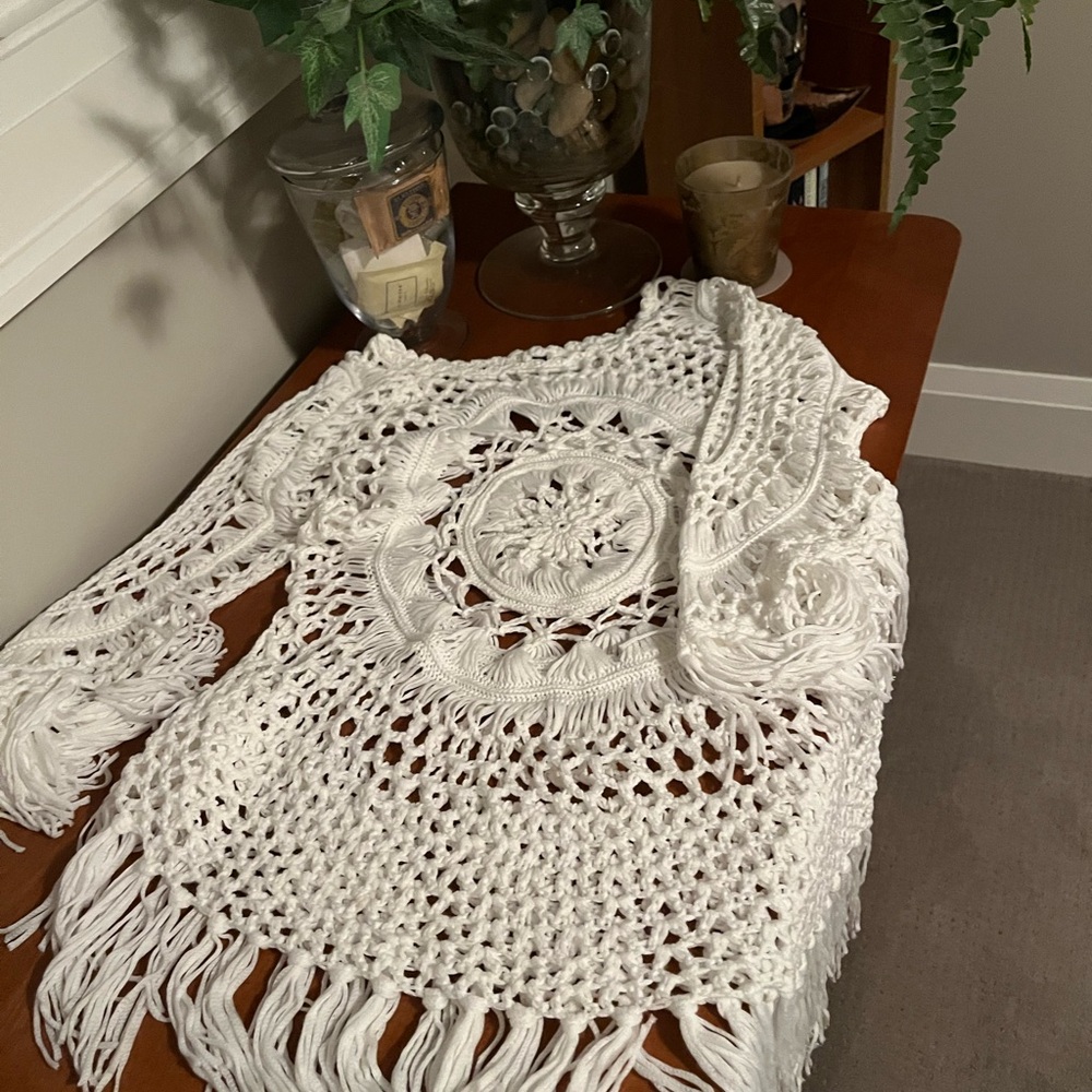 White Crochet Coverup with Fringe and High Collar